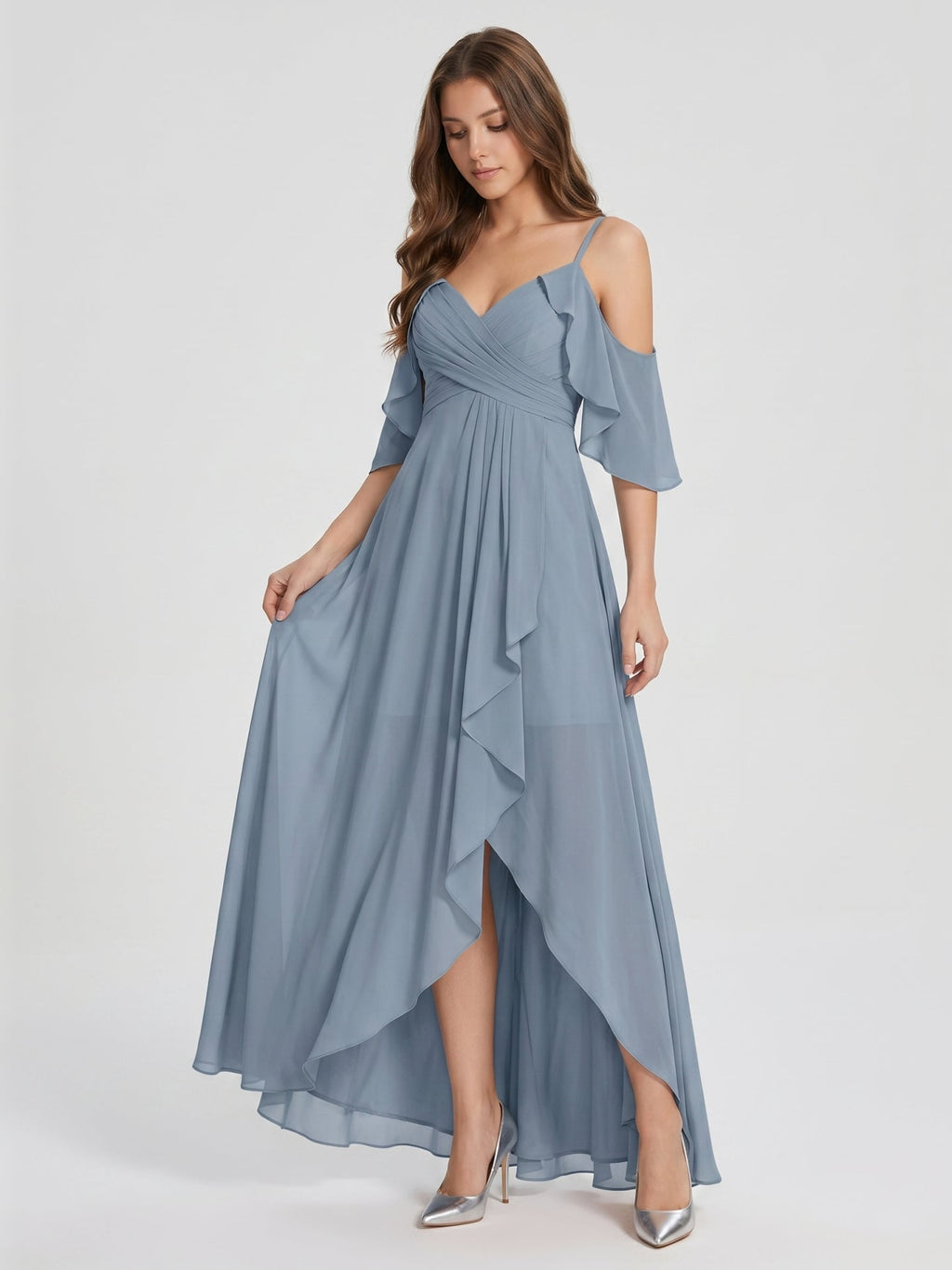 Dusty Blue Chiffon A-Line V-Neck Back Zip Asymmetrical Bridesmaid Dress with Pleats - Curvevia
