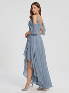 Dusty Blue Chiffon A-Line V-Neck Back Zip Asymmetrical Bridesmaid Dress with Pleats - Curvevia