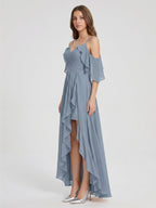 Dusty Blue Chiffon A-Line V-Neck Back Zip Asymmetrical Bridesmaid Dress with Pleats - Curvevia