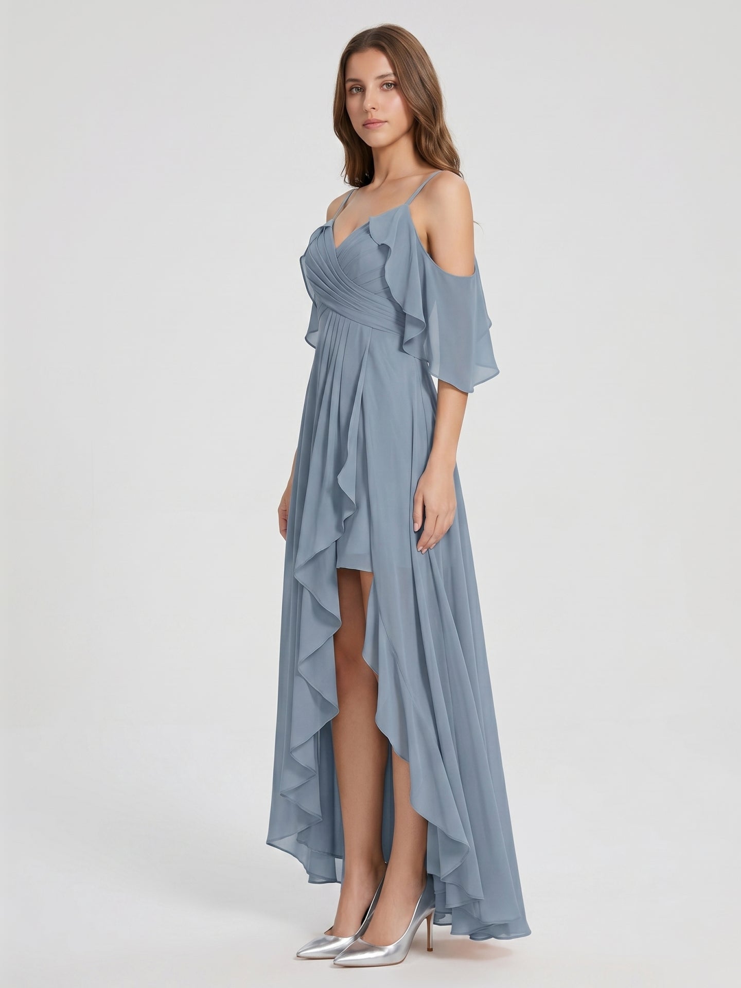 Dusty Blue Chiffon A-Line V-Neck Back Zip Asymmetrical Bridesmaid Dress with Pleats - Curvevia