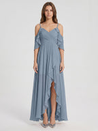 Dusty Blue Chiffon A-Line V-Neck Back Zip Asymmetrical Bridesmaid Dress with Pleats - Curvevia