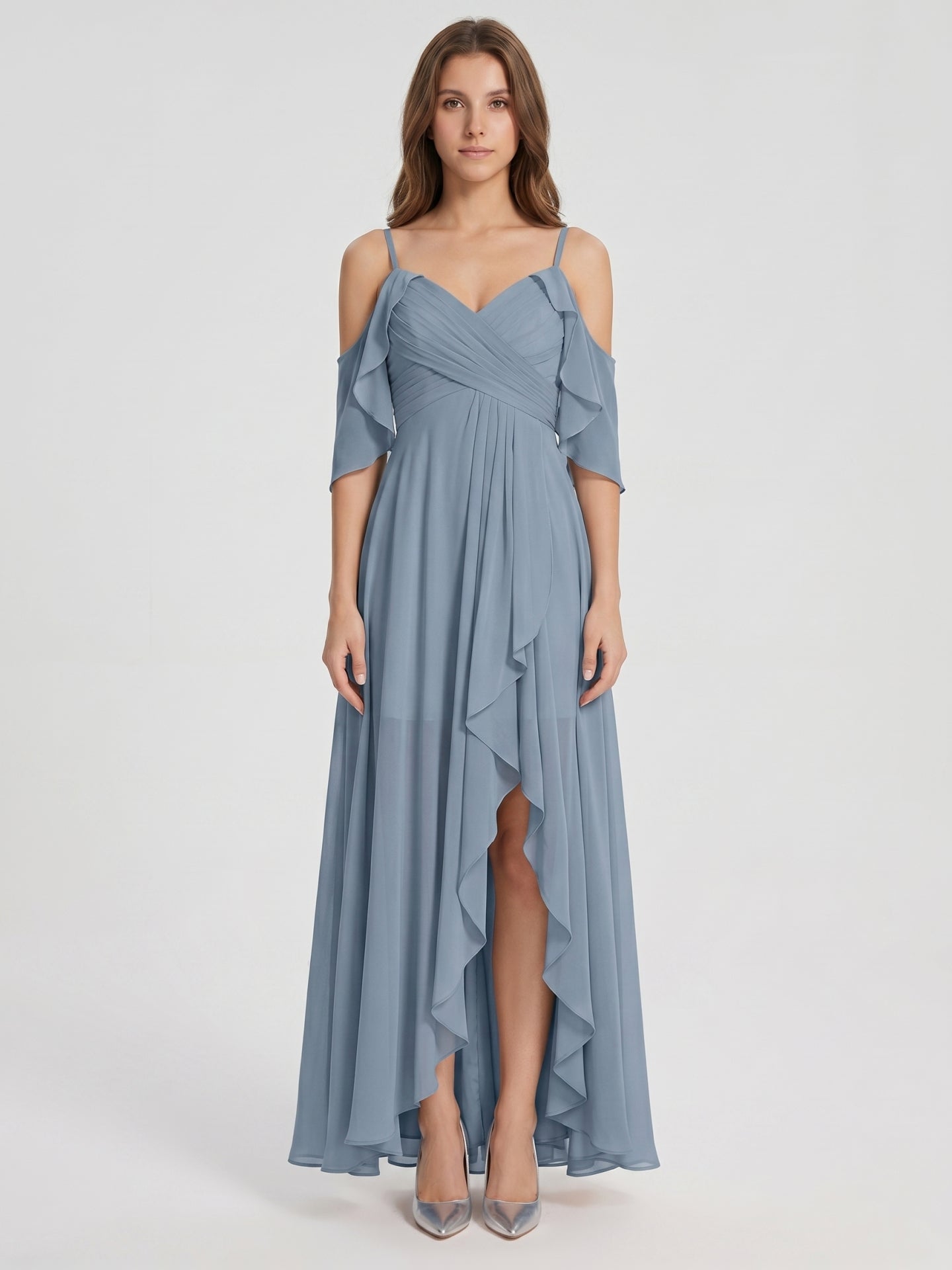 Dusty Blue Chiffon A-Line V-Neck Back Zip Asymmetrical Bridesmaid Dress with Pleats - Curvevia
