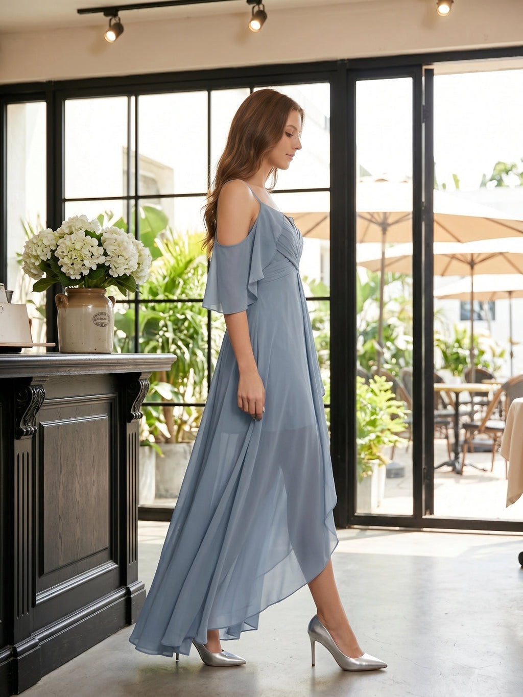 Dusty Blue Chiffon A-Line V-Neck Back Zip Asymmetrical Bridesmaid Dress with Pleats - Curvevia