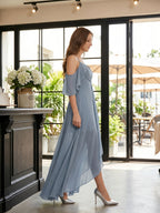 Dusty Blue Chiffon A-Line V-Neck Back Zip Asymmetrical Bridesmaid Dress with Pleats - Curvevia