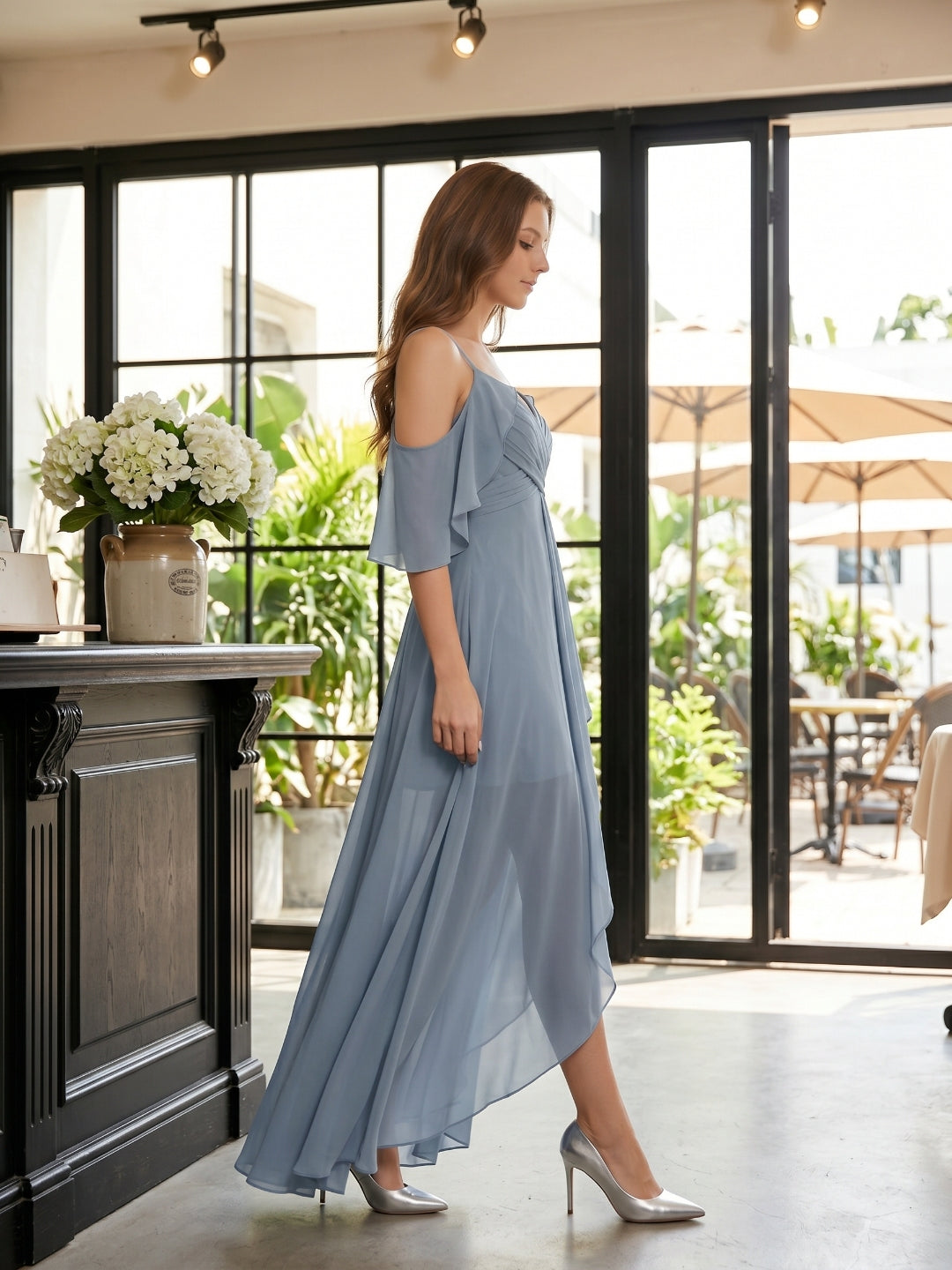 Dusty Blue Chiffon A-Line V-Neck Back Zip Asymmetrical Bridesmaid Dress with Pleats - Curvevia