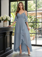 Dusty Blue Chiffon A-Line V-Neck Back Zip Asymmetrical Bridesmaid Dress with Pleats - Curvevia