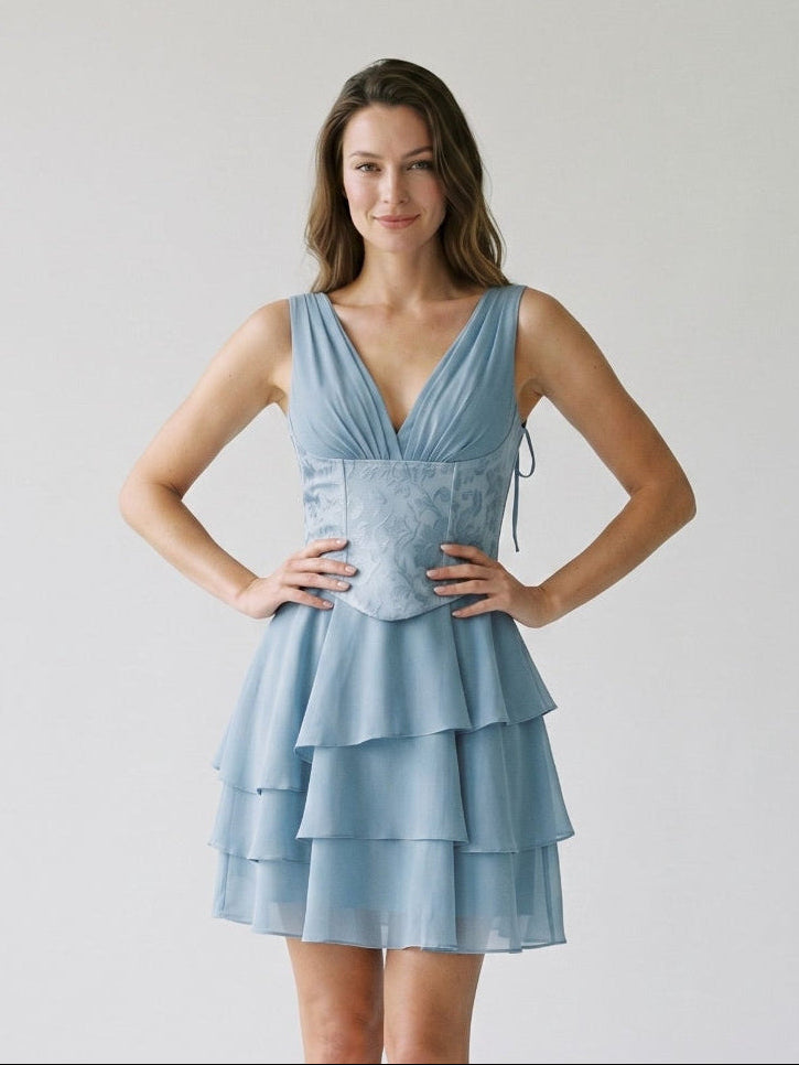 Dusty Blue Chiffon A-Line V-Neck Lace-Up Back Short Dress with Pleating - Curvevia