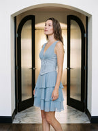 Dusty Blue Chiffon A-Line V-Neck Lace-Up Back Short Dress with Pleating - Curvevia