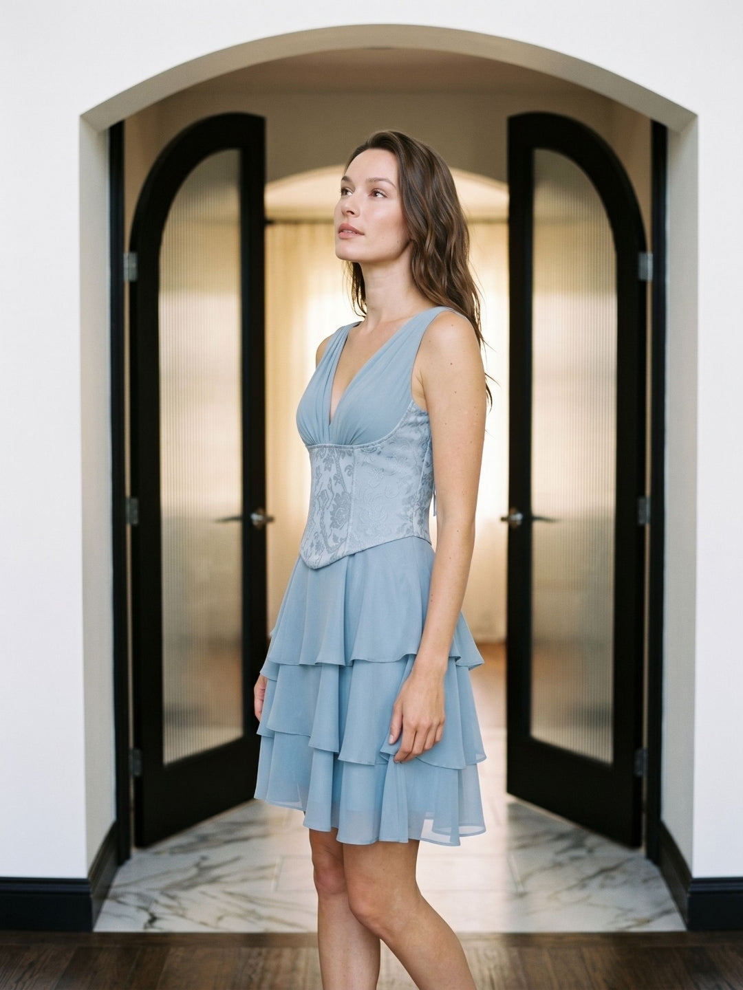 Dusty Blue Chiffon A-Line V-Neck Lace-Up Back Short Dress with Pleating - Curvevia