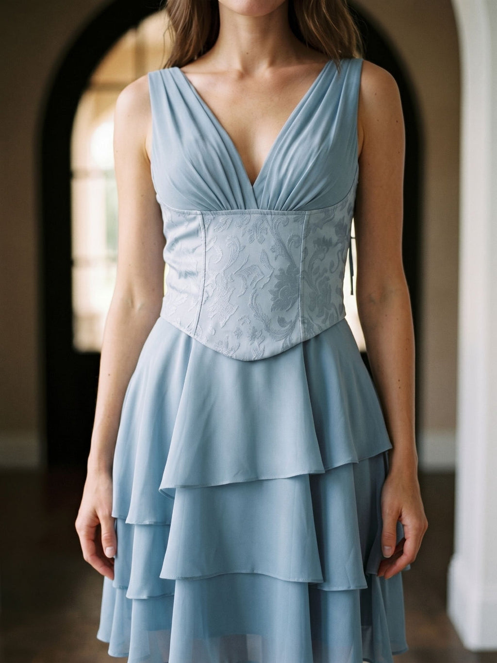 Dusty Blue Chiffon A-Line V-Neck Lace-Up Back Short Dress with Pleating - Curvevia