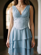 Dusty Blue Chiffon A-Line V-Neck Lace-Up Back Short Dress with Pleating - Curvevia