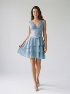 Dusty Blue Chiffon A-Line V-Neck Lace-Up Back Short Dress with Pleating - Curvevia