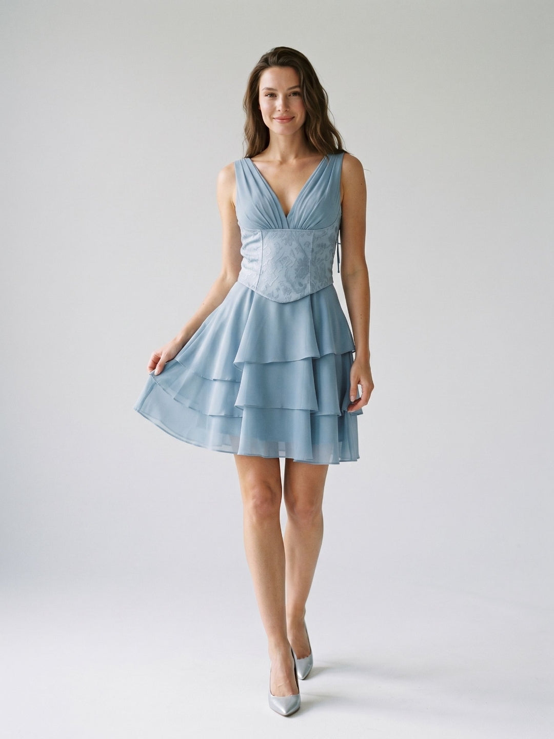 Dusty Blue Chiffon A-Line V-Neck Lace-Up Back Short Dress with Pleating - Curvevia