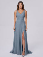 Dusty Blue Chiffon A-Line V-Neck Lace-up Floor-Length Bridesmaid Dress with Pleats - Curvevia