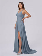 Dusty Blue Chiffon A-Line V-Neck Lace-up Floor-Length Bridesmaid Dress with Pleats - Curvevia