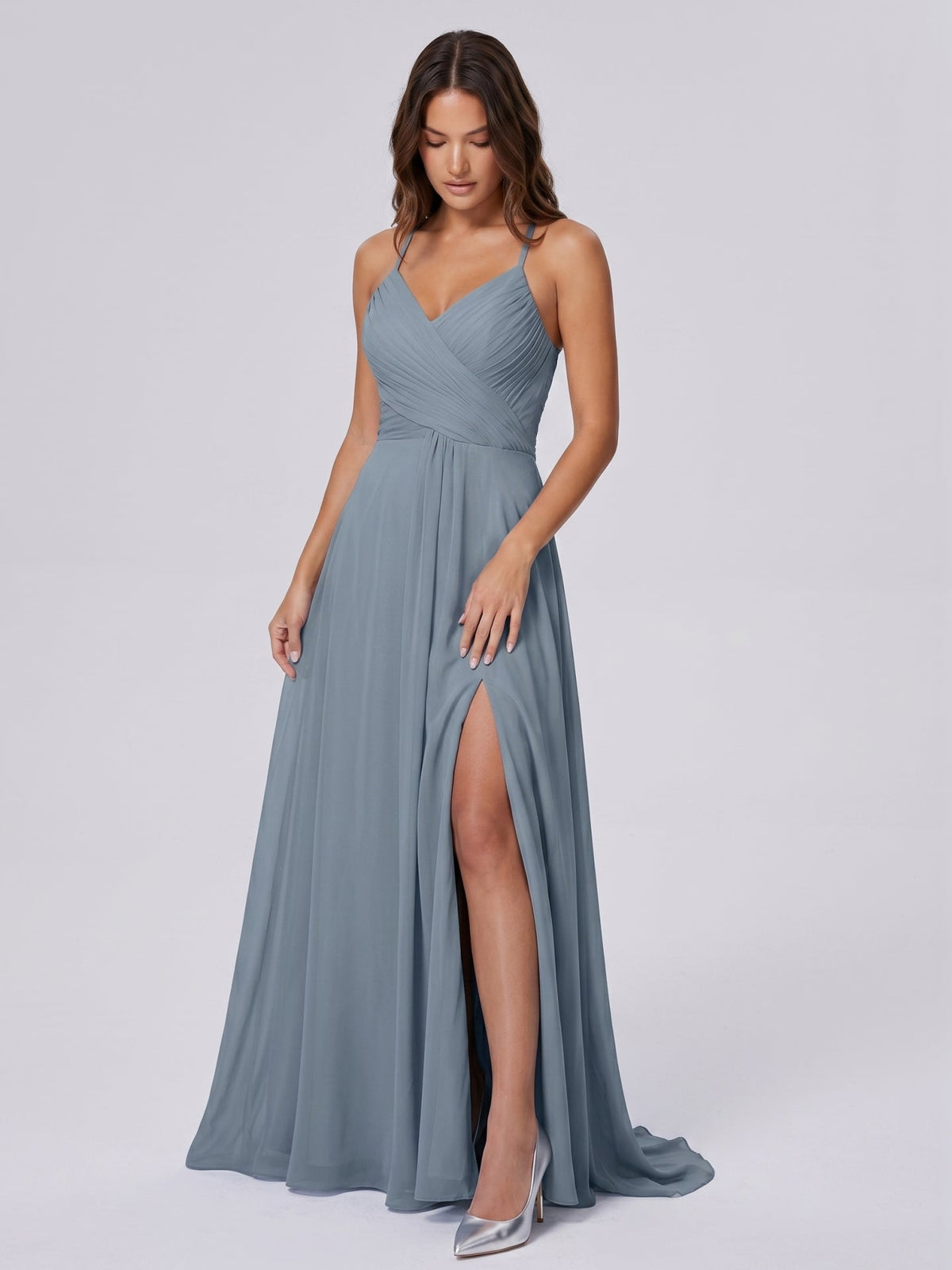 Dusty Blue Chiffon A-Line V-Neck Lace-up Floor-Length Bridesmaid Dress with Pleats - Curvevia