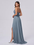 Dusty Blue Chiffon A-Line V-Neck Lace-up Floor-Length Bridesmaid Dress with Pleats - Curvevia