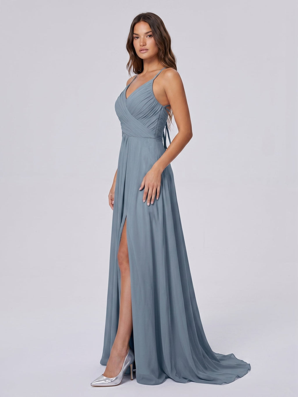 Dusty Blue Chiffon A-Line V-Neck Lace-up Floor-Length Bridesmaid Dress with Pleats - Curvevia