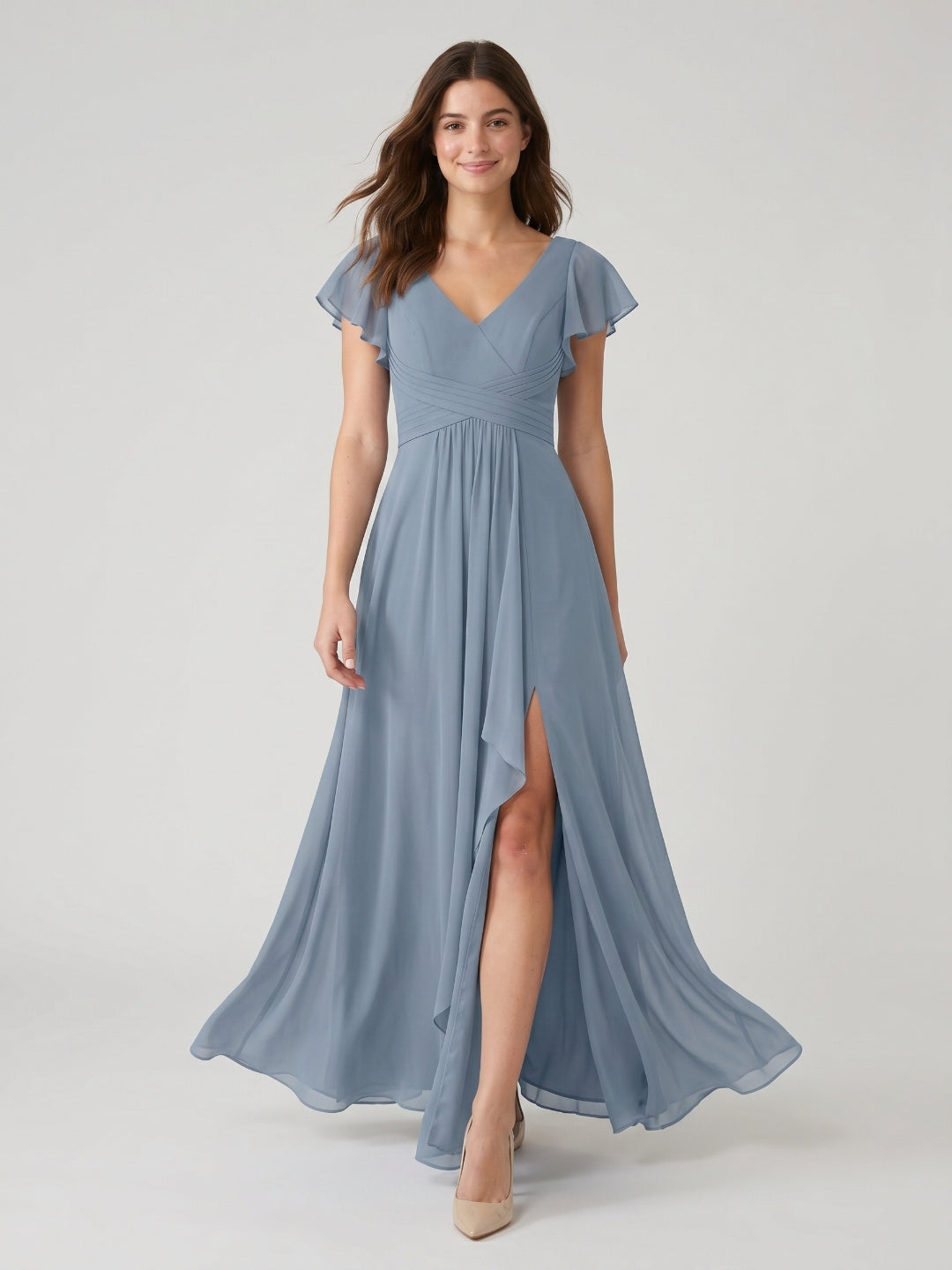 Dusty Blue Chiffon A-Line V-Neck V-Back Floor-Length Bridesmaid Dress with Pleating - Curvevia