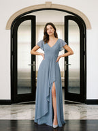Dusty Blue Chiffon A-Line V-Neck V-Back Floor-Length Bridesmaid Dress with Pleating - Curvevia