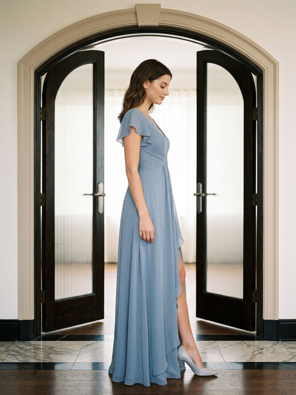 Dusty Blue Chiffon A-Line V-Neck V-Back Floor-Length Bridesmaid Dress with Pleating - Curvevia