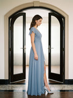 Dusty Blue Chiffon A-Line V-Neck V-Back Floor-Length Bridesmaid Dress with Pleating - Curvevia