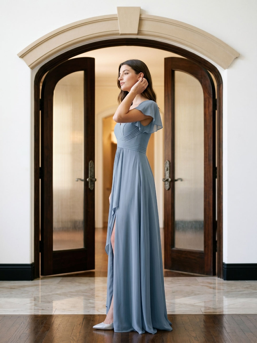 Dusty Blue Chiffon A-Line V-Neck V-Back Floor-Length Bridesmaid Dress with Pleating - Curvevia