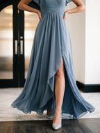 Dusty Blue Chiffon A-Line V-Neck V-Back Floor-Length Bridesmaid Dress with Pleating - Curvevia