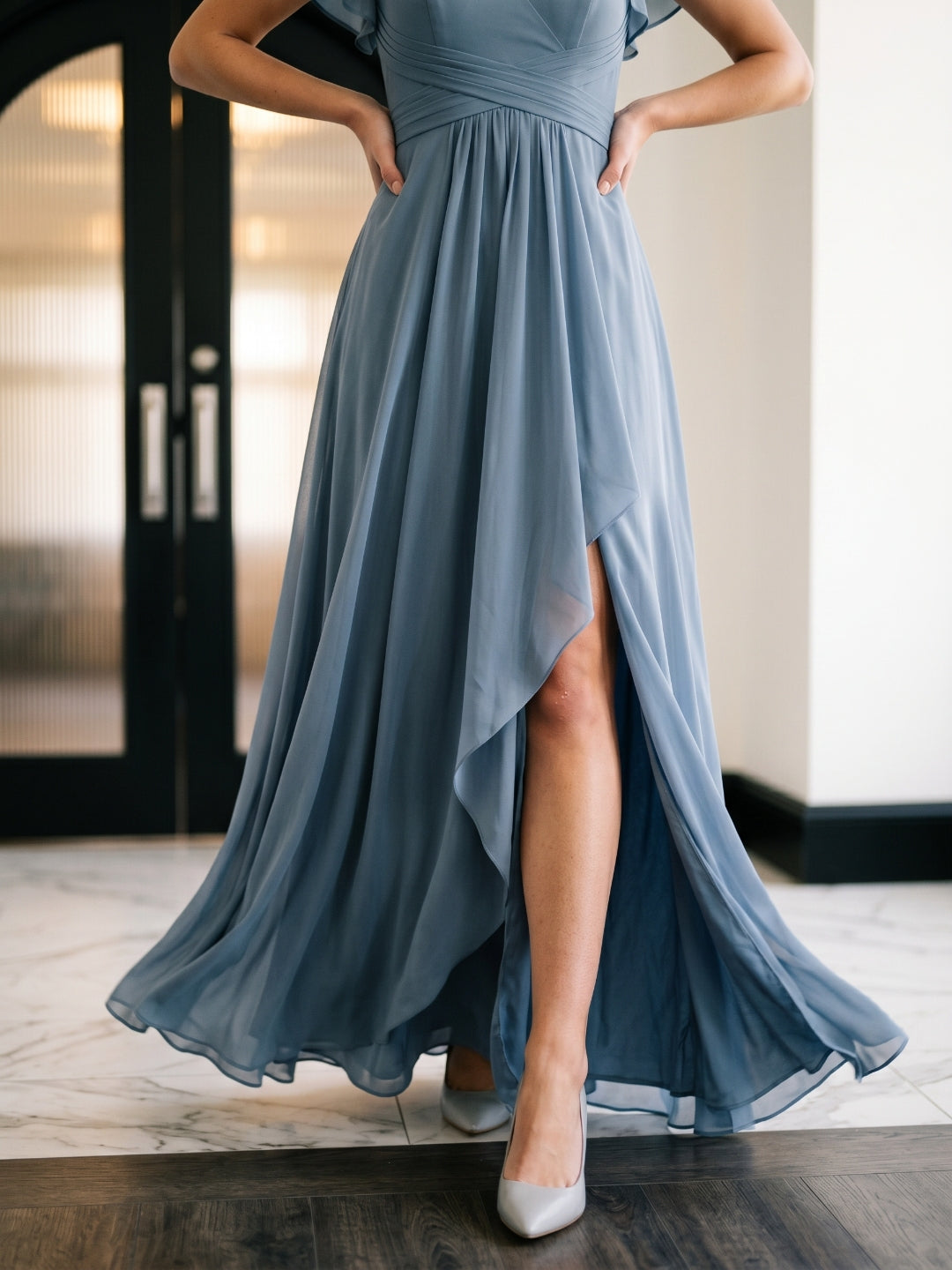 Dusty Blue Chiffon A-Line V-Neck V-Back Floor-Length Bridesmaid Dress with Pleating - Curvevia