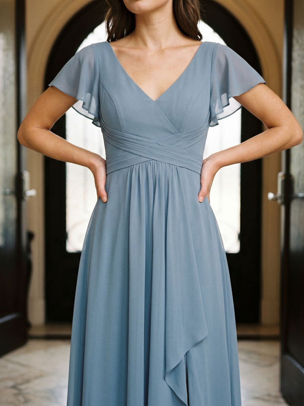 Dusty Blue Chiffon A-Line V-Neck V-Back Floor-Length Bridesmaid Dress with Pleating - Curvevia