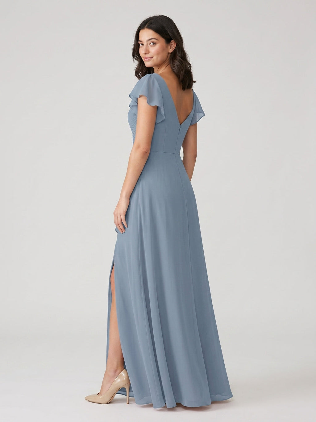 Dusty Blue Chiffon A-Line V-Neck V-Back Floor-Length Bridesmaid Dress with Pleating - Curvevia