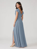 Dusty Blue Chiffon A-Line V-Neck V-Back Floor-Length Bridesmaid Dress with Pleating - Curvevia
