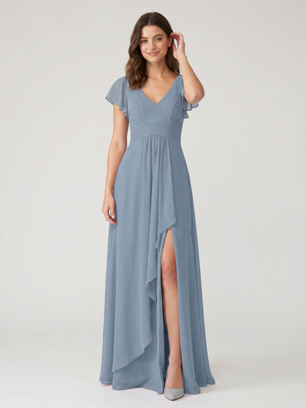 Dusty Blue Chiffon A-Line V-Neck V-Back Floor-Length Bridesmaid Dress with Pleating - Curvevia