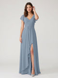 Dusty Blue Chiffon A-Line V-Neck V-Back Floor-Length Bridesmaid Dress with Pleating - Curvevia