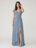 Dusty Blue Chiffon A-Line V-Neck V-Back Floor-Length Bridesmaid Dress with Pleating - Curvevia