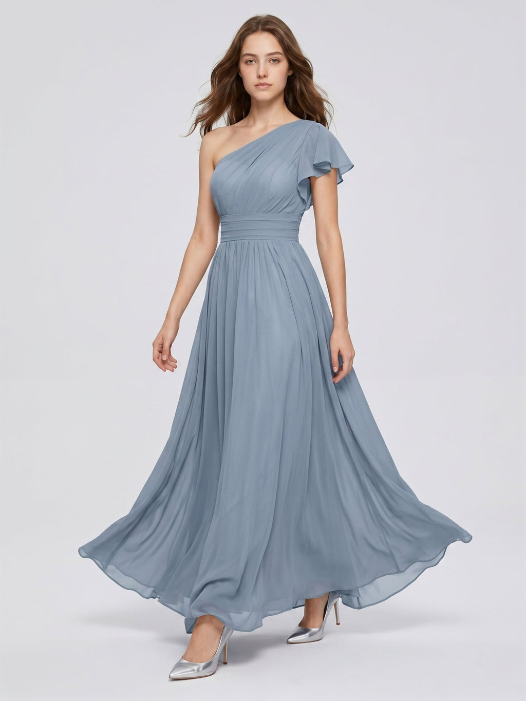 Dusty Blue Chiffon Empire One Shoulder Back Zip Floor-Length Bridesmaid Dress with Pleats - Curvevia