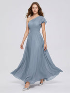 Dusty Blue Chiffon Empire One Shoulder Back Zip Floor-Length Bridesmaid Dress with Pleats - Curvevia