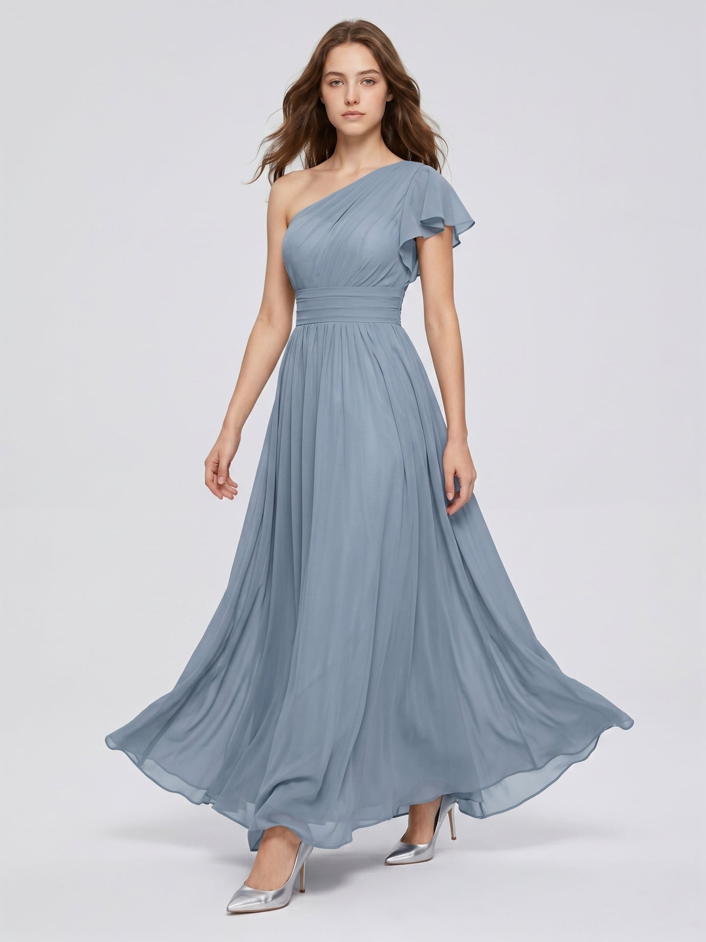 Dusty Blue Chiffon Empire One Shoulder Back Zip Floor-Length Bridesmaid Dress with Pleats - Curvevia