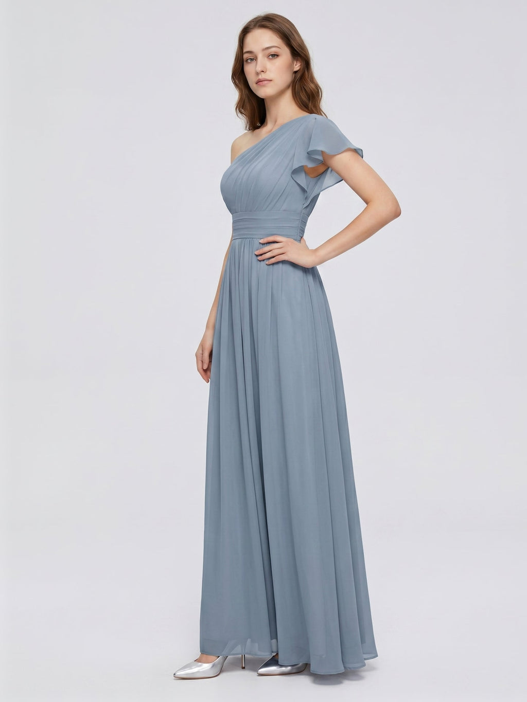 Dusty Blue Chiffon Empire One Shoulder Back Zip Floor-Length Bridesmaid Dress with Pleats - Curvevia