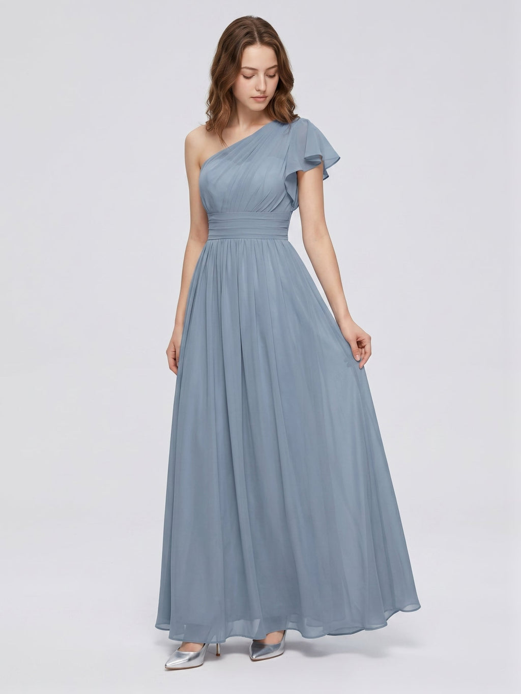 Dusty Blue Chiffon Empire One Shoulder Back Zip Floor-Length Bridesmaid Dress with Pleats - Curvevia