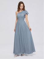 Dusty Blue Chiffon Empire One Shoulder Back Zip Floor-Length Bridesmaid Dress with Pleats - Curvevia