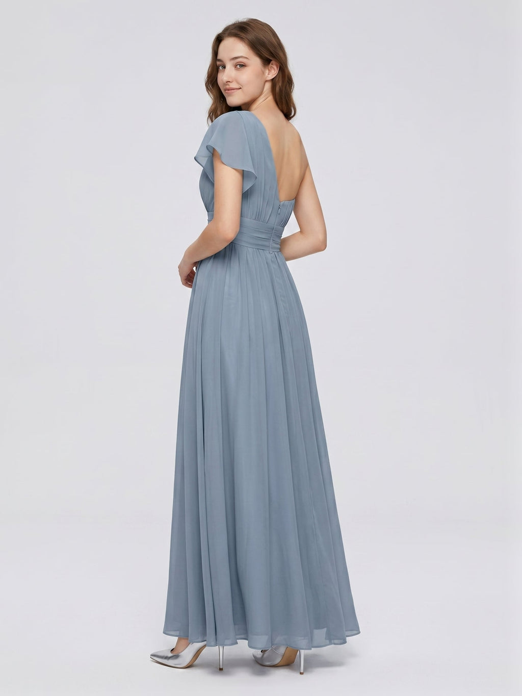 Dusty Blue Chiffon Empire One Shoulder Back Zip Floor-Length Bridesmaid Dress with Pleats - Curvevia