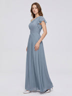 Dusty Blue Chiffon Empire One Shoulder Back Zip Floor-Length Bridesmaid Dress with Pleats - Curvevia