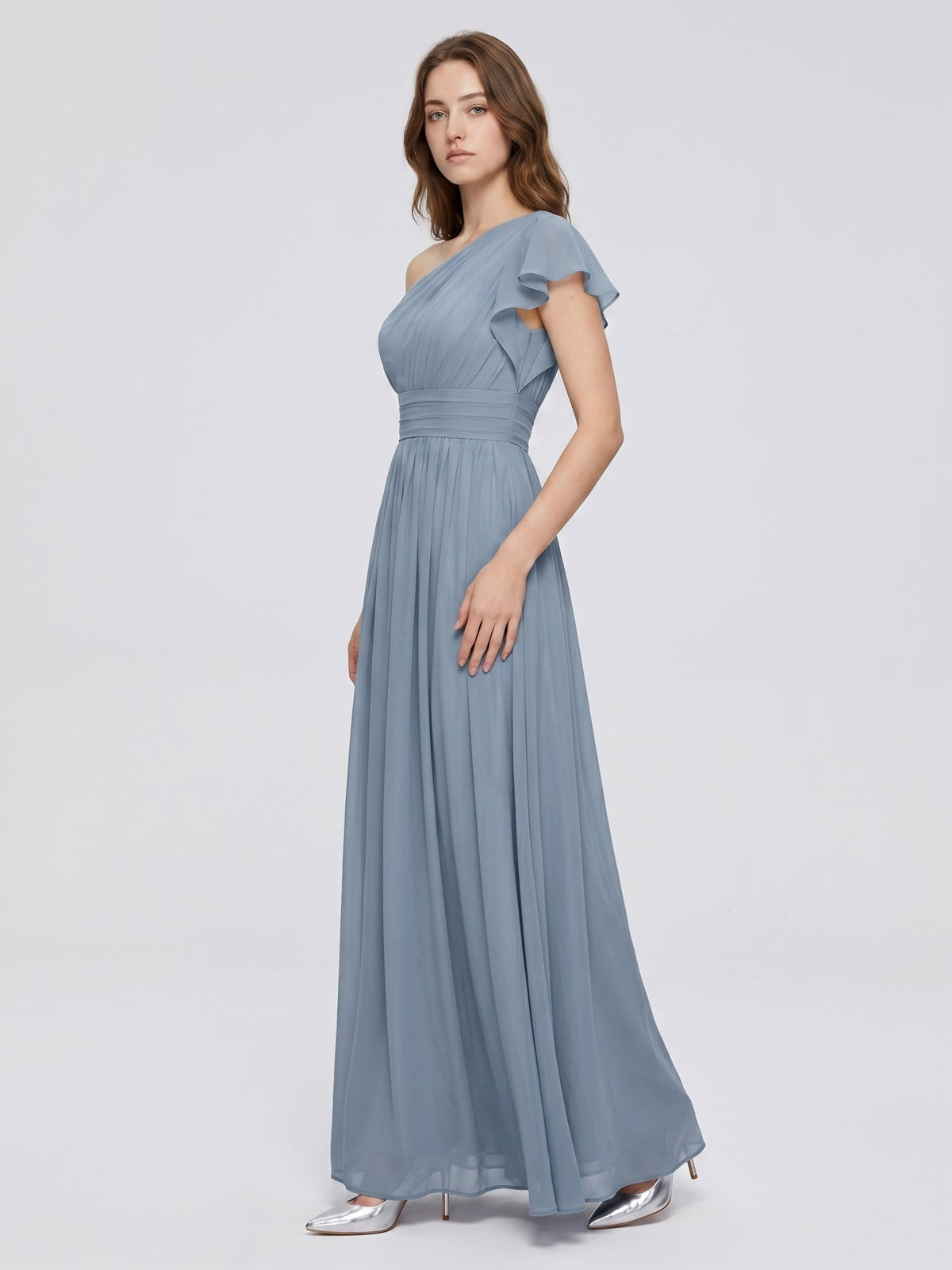 Dusty Blue Chiffon Empire One Shoulder Back Zip Floor-Length Bridesmaid Dress with Pleats - Curvevia