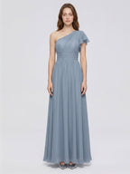 Dusty Blue Chiffon Empire One Shoulder Back Zip Floor-Length Bridesmaid Dress with Pleats - Curvevia