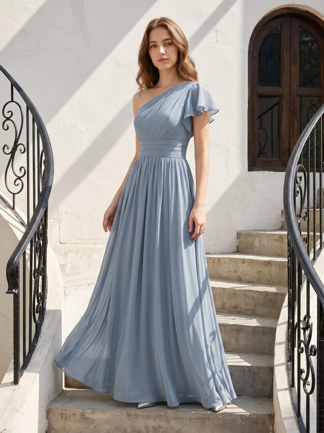 Dusty Blue Chiffon Empire One Shoulder Back Zip Floor-Length Bridesmaid Dress with Pleats - Curvevia