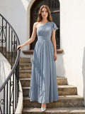 Dusty Blue Chiffon Empire One Shoulder Back Zip Floor-Length Bridesmaid Dress with Pleats - Curvevia