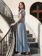 Dusty Blue Chiffon Empire One Shoulder Back Zip Floor-Length Bridesmaid Dress with Pleats - Curvevia