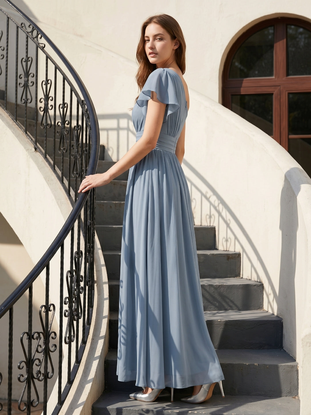 Dusty Blue Chiffon Empire One Shoulder Back Zip Floor-Length Bridesmaid Dress with Pleats - Curvevia