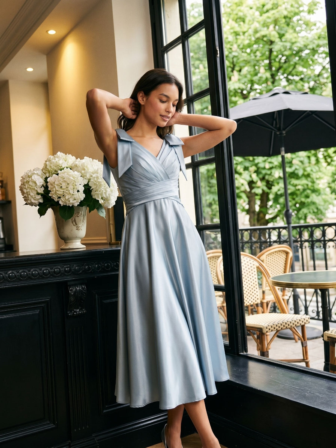 Dusty Blue Satin A-Line V-Neck Tea-Length Dress with Bow - Curvevia